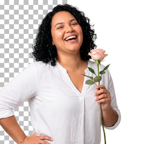 IMAGEM PARA COMPOSIÇÃO MULHER SORRIDENTE COM FLOR NA MÃO EM PNG TRANSPARENTE