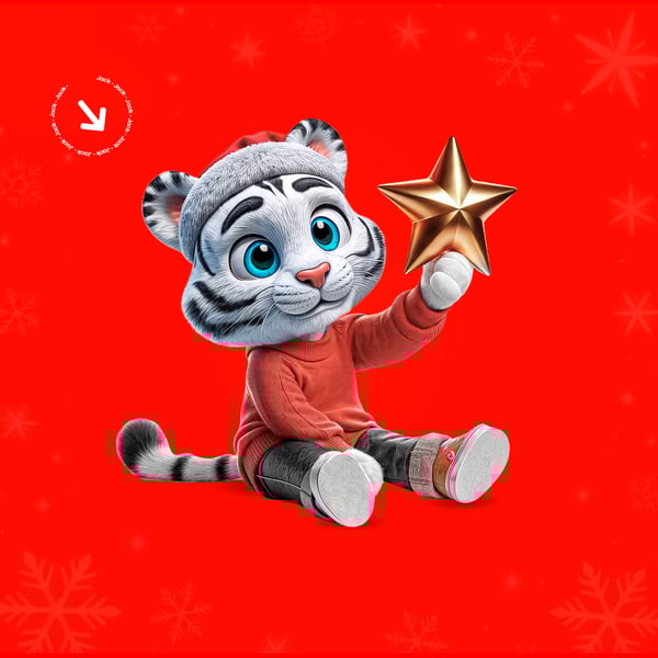 MASCOTE JACK ROUPA NATALINA, SENTANDO SEGURANDO UMA ESTRELA NA MÃO - PSD EDITÁVEL