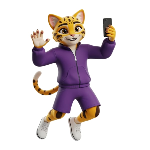 Mascote 3d De Leopardo Em Agasalho Roxo Pulando, Tirando Selfie Com Smartphone, Personagem Feliz E Energético Para Esporte Ou Tecnologia.