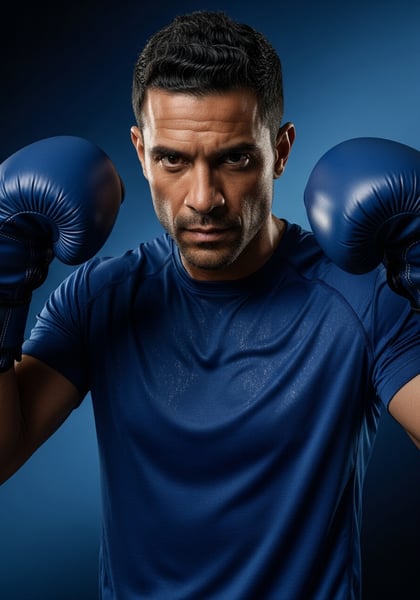 RETRATO DE BOXEADOR MASCULINO FOCADO COM LUVA AZUIS HOMEM INTENSO EM ROUPAS ESPORTIVAS PRONTO PARA TREINO OU LUTA DE BOXE CONCEITO DE FORA E FITNESS