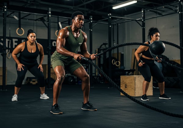 TREINO FUNCIONAL INTENSO HOMEM E MULHERES EM EXERCÍCIOS COM CORDA NAVAL EM ACADEMIA DE CROSSFIT