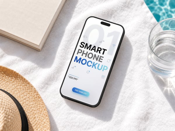 SMARTPHONE MOCKUP EM COMPOSIÇÃO DE VERÃO VISTA SUPERIOR