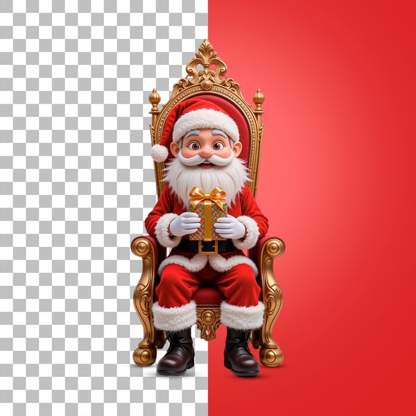 PAPAI NOEL SENTANDO NO TRONO VERMELHO SEGURANDO UM PRESENTE COLORIDO PSD EDITÁVEL
