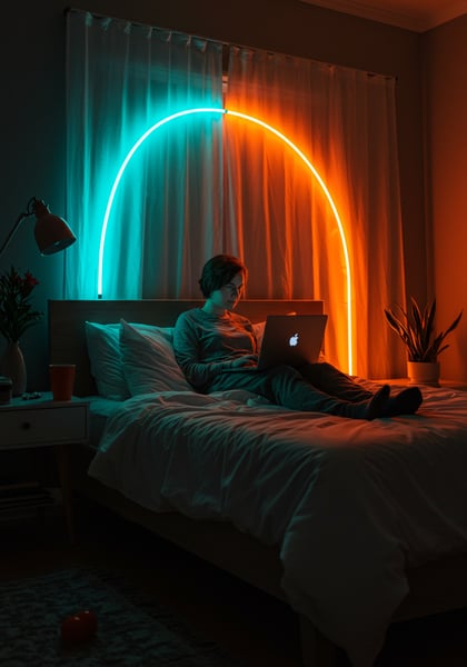 MULHER JOVEM USANDO LAPTOP NA CAMA COM LUZ NEON AZUL E LARANJA VIBRANTE NO QUARTO TRABALHANDO OU ESTUDANDO EM CASA NOITE