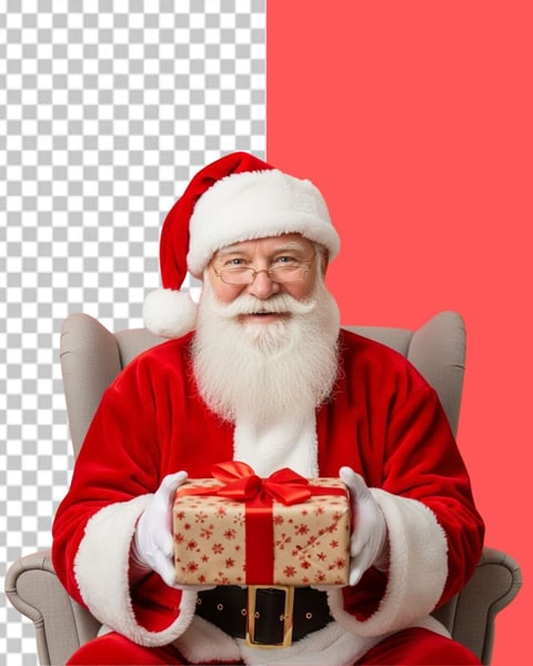 IMAGEM DE PAPAI NOEL SENTADO NA POLTRONA BRANCA COM PRESENTE NA MÃO EM PNG TRANSPARENTE