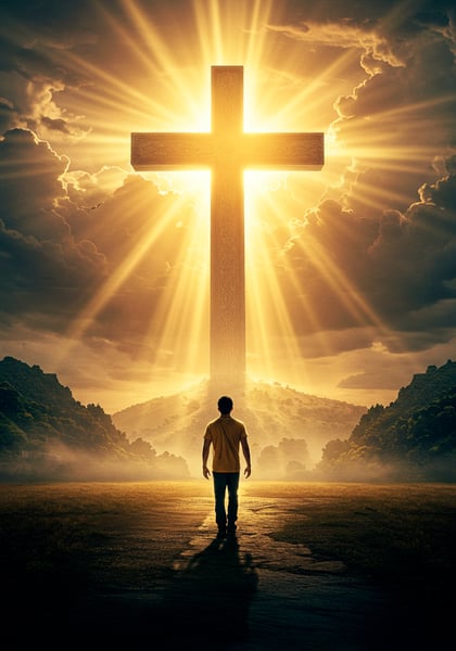 NSO IMAGEM DE CRUZ REFLETIDA PELA LUZ E UM HOMEM ADMIRANDO ELA PARA COMPOSIÇÃO