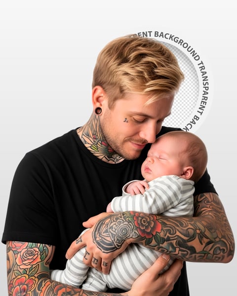 PAI LOIRO TATUADO SEGURANDO BEBÊ DORMINDO