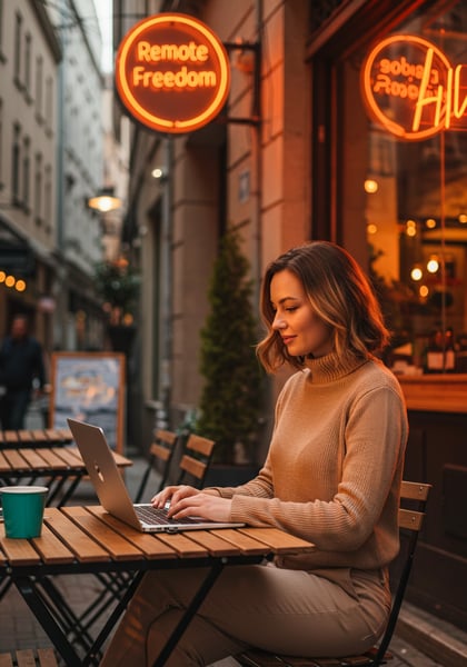 MULHER TRABALHANDO REMOTAMENTE EM LAPTOP EM CAFÉ URBANO CONCEITO DE NOME DIGITAL E LIBERDADE NO TRABALHO