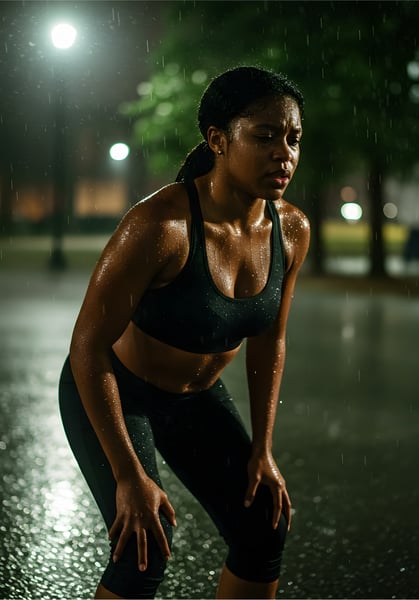 Mulher negra jovem, com roupas fitness, respirando fundo após esforço físico intenso.