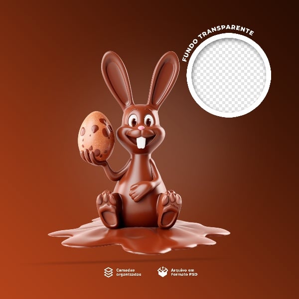 COELHO DE CHOCOLATE  SEGURANDO UM OVO DE PÁSCOA 3D