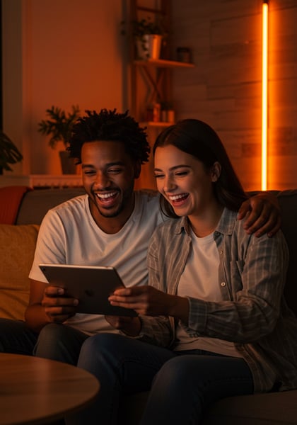 CASAL FELIZ RINDO COM TABLET EM CASA DESFRUTANDO DE ENTRETENIMENTO DIGITAL E MOMENTOS DE LAZER