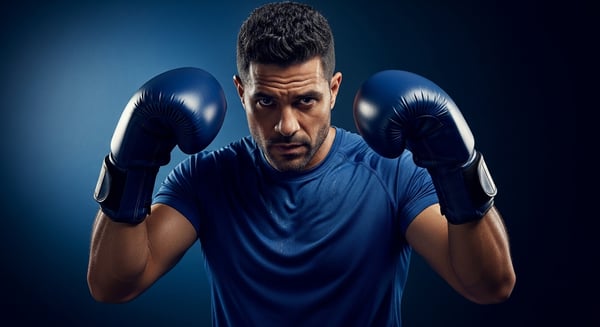 BOXEADOR MASCULINO FOCADO COM LUVAS AZUIS TREINO INTENSO E DETERMINAÇÃO ESPORTIVA EM FUNDO AZUL