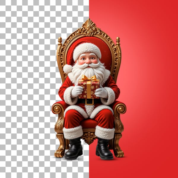 PAPAI NOEL SENTANDO NO TRONO VERMELHO SEGURANDO UM PRESENTE PSD EDITÁVEL