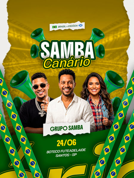 FLYER SAMBA CANÁRIO COM TEMA DA COPA DO MUNDO PSD TEMPLATE