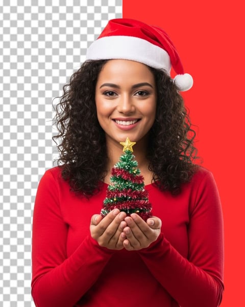 IMAGEM PARA COMPOSIÇÃO MULHER COM GORRO DE NATAL SEGURANDO ÁRVORE DE NATAL NAS MÃOS PNG TRANSPARENTE 2