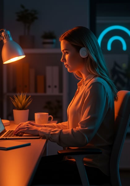 JOVEM MULHER TRABALHANDO NO LAPTOP NOITE FOCADA COM FONES DE OUVIDO EM SEU HOME OFFICE