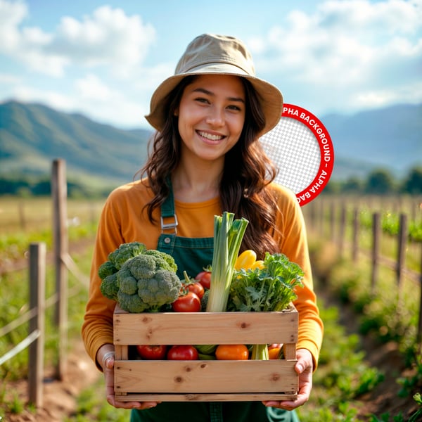 VMW JOVEM AGRICULTORA SORRIDENTE COM CAIXA DE LEGUMES FRESCOS – IMAGEM PARA COMPOSIÇÃO PSD