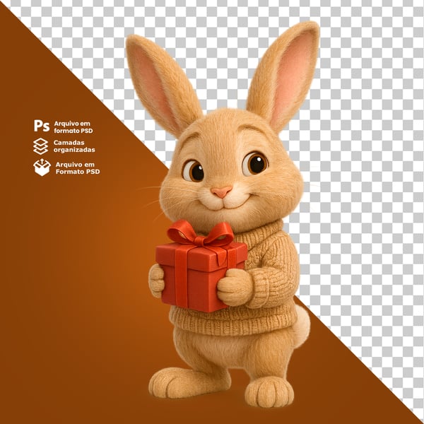 VQO COELHO SEGURANDO PRESENTE COM OLHAR CARINHOSO COMPOSIÇÃO 3D