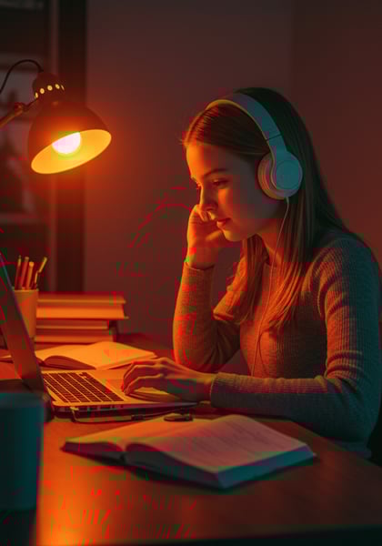JOVEM MULHER ESTUDANTE COM FONES DE OUVIDO ESTUDANDO ONLINE NO LAPTOP NOITE