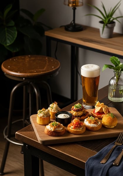 Cerveja clara com tábua de finger foods gourmet