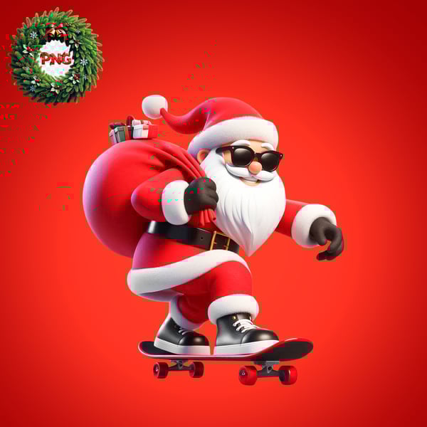 VDP PAPAI NOEL ENCIMA DE UM SKATE COM ÓCULOS PRETO SACO VERMELHO NAS COSTAS E FELIZ 3D PSD EDITÁVEL