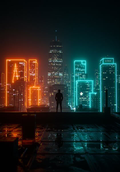 SKYLINE URBANO CYBERPUNK SILHUETA NO TELHADO LUZES NEON AZUL E LARANJA NA CIDADE NOTURNA FUTURISTA