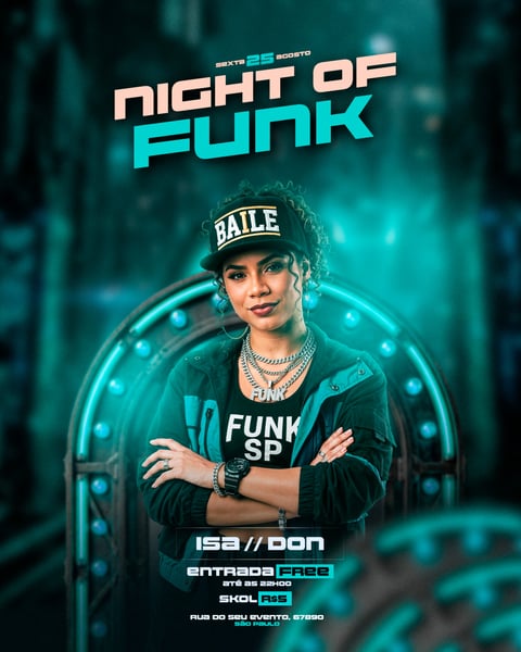 FLYER BAILE FUNK DJ FEMININA NEON TURQUESA URBANO PSD EDITÁVEL