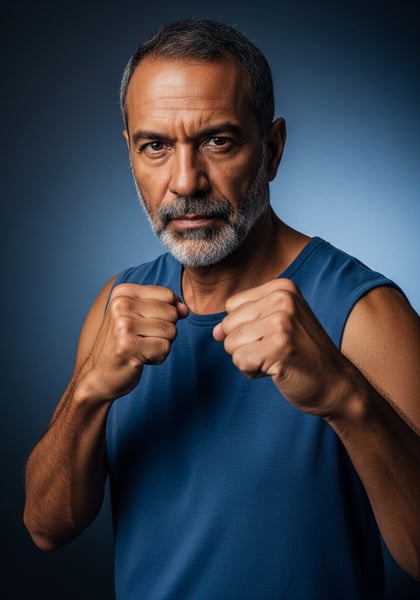 HOMEM MADURO FORTE E DETERMINADO COM PUNHOS CERRADOS EM POSE DE LUTA CONCEITO DE BOXE FITNESS E CONFIANÇA
