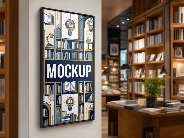 TELA DIGITAL MOCKUP EM LIVRARIA PAINEL NA PAREDE