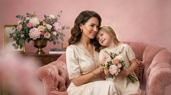 IMAGEM PARA COMPOSIÇÃO CINEMATOGRÁFICA MÃE ABRAÇANDO A FILHA EM UM SOFÁ FELIZES