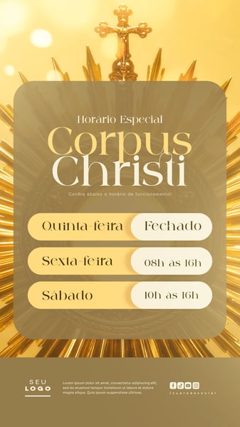 HORÁRIO DE FUNCIONAMENTO CORPUS CHRISTI COMUNICADO DATA RELIGIOSA CRISTÃ SOCIAL MEDIA STORY