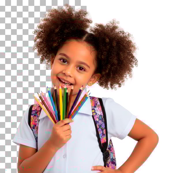 IMAGEM DE CRIANÇA CACHEADA COM LÁPIS COLORIDO NA MÃOS EM PNG TRANSPARENTE