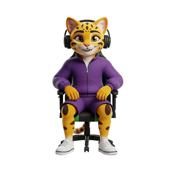 Personagem 3d Leopardo Gamer Sentado Em Cadeira Com Fones De Ouvido E Roupa Esportiva Roxa, Mascote Digital E-sports