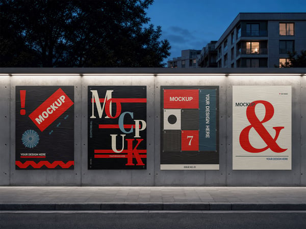 Quatro POSTERS MOCKUP EM MURO URBANO VISTA FRONTAL