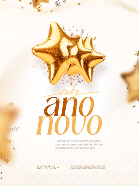 FELIZ ANO NOVO BALÕES ESTRELA DOURADA SOCIAL MEDIA FLYER PSD EDITÁVEL