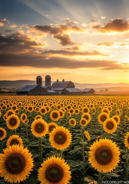 FAZENDA AO PÔR DO SOL COM GIRASSÓIS 02