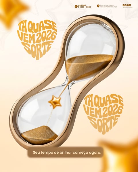 RELÓGIO DE AREIA DOURADO LUXUOSO COM ESTRELA E TEXTURA BRILHANTE TEMA SORTE 2026