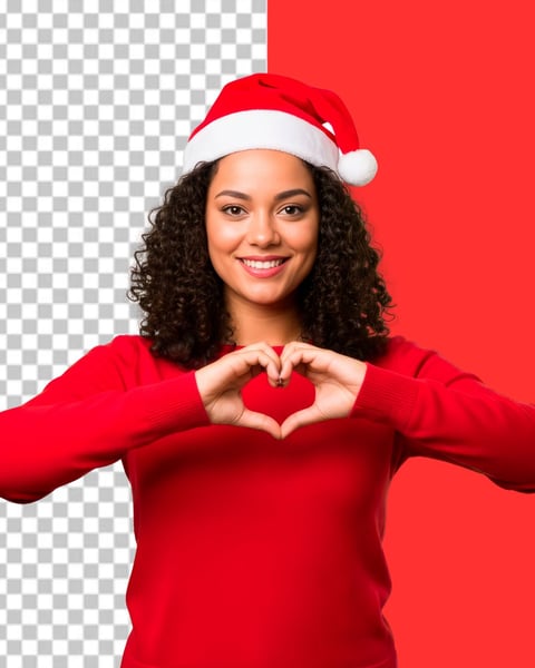 IMAGEM PARA COMPOSIÇÃO MULHER COM GORRO DE NATAL FAZENDO CORAÇÃO COM AS MÃOS PNG TRANSPARENTE