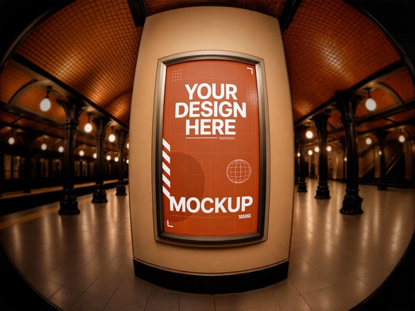 POSTER CURVO MOCKUP NA ESTAÇÃO HISTÓRICA LENTE ANGULAR