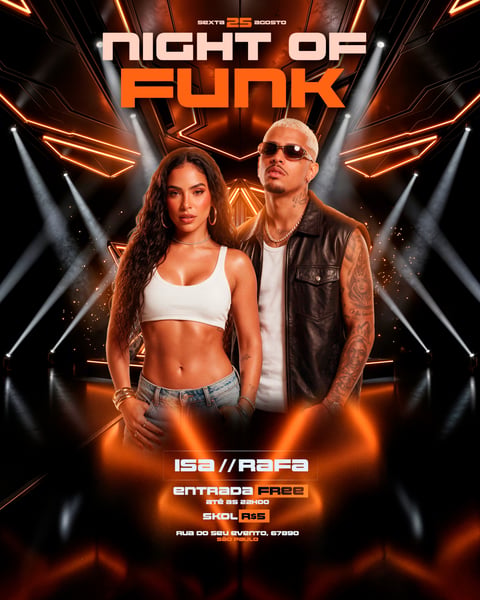 FLYER NOITE DE FUNK COM CASAL E LUZES NEON LARANJA PSD EDITÁVEL