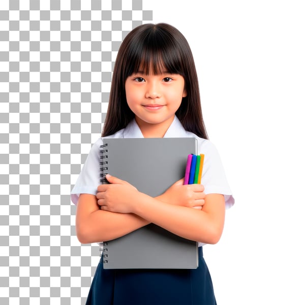 IMAGEM DE CRIANÇA ESTUDANTE ASIÁTICA FELIZ COM CADERNO E LÁPIS EM PNG
