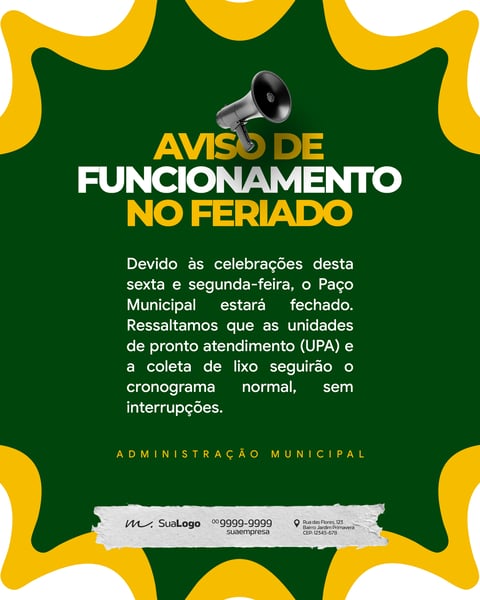 AVISO DE FUNCIONAMENTO NO FERIADO ADMINISTRAÇÃO MUNICIPAL PSD EDITÁVEL