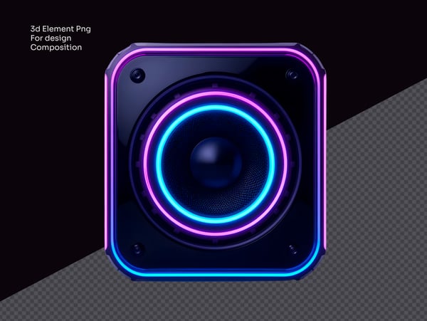 CAIXA DE SOM COM NEON ELEMENTO 3D PARA COMPOSIÇÃO DE DESIGN COM FUNDO TRANSPARENTE