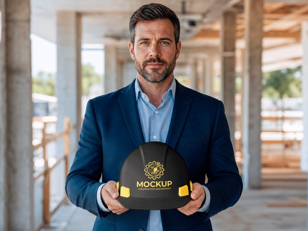 CAPACETE DE SEGURANÇA MOCKUP EM MÃOS OBRA AO FUNDO