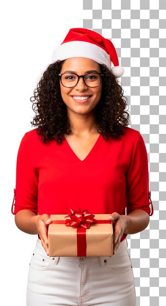 IMAGEM PARA COMPOSIÇÃO MULHER VENDEDORA COM UM PRESENTE NAS MÃOS PSD