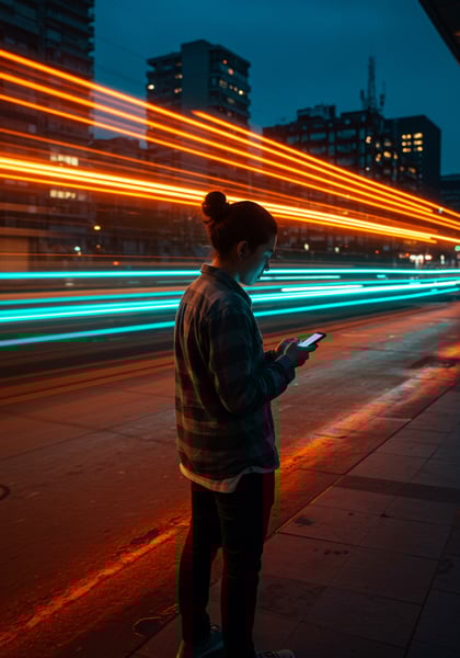 JOVEM USANDO SMARTPHONE NA RUA NOITE COM RASTROS DE LUZ DE TRÂNSITO EM LONGA EXPOSIÇÃO CONECTIVIDADE URBANA DIGITAL