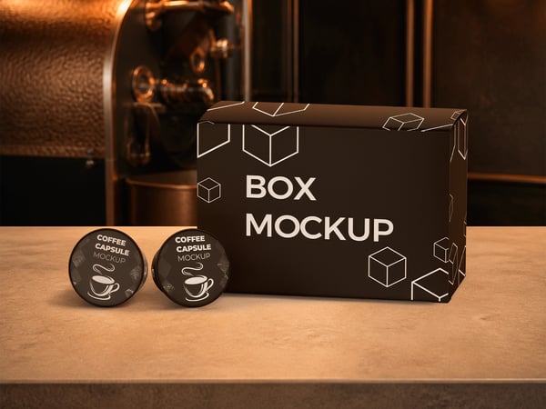 CAIXA DE CÁPSULAS DE CAFÉ MOCKUP SOBRE BALCÃO VISTA FRONTAL