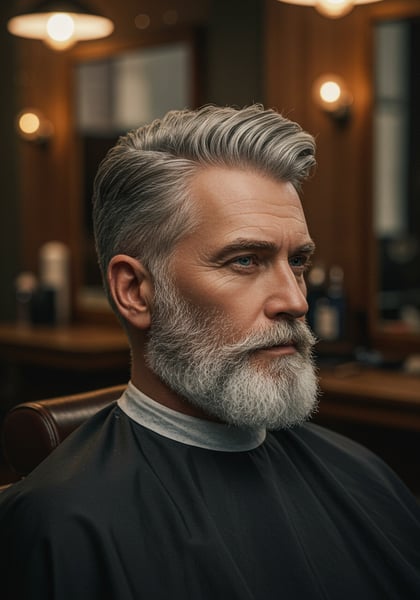 HOMEM BRANCO DE MEIA IDADE CABELO GRISALHO NA BARBEARIA