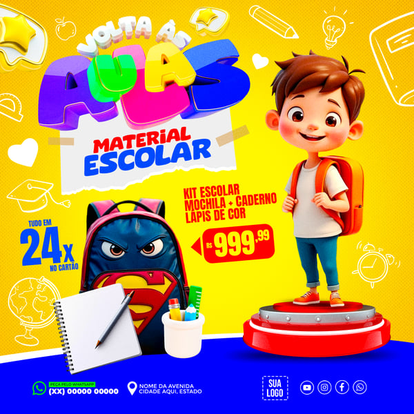 VOLTA ÀS AULAS MATERIAL ESCOLAR PSD EDITÁVEL