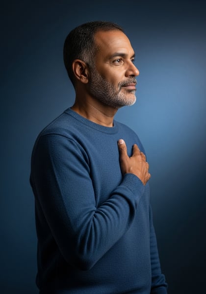 HOMEM MADURO COM A MÃO NO CORAÇÃO EXPRESSO SINCERA DE RESPEITO E LEALDADE PERFIL LATERAL